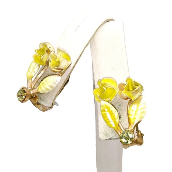 Vintage Austria Yellow Roses Earrings, Clip On Metal Enamel Flowers Floral, Rose - Picture 3 of 5